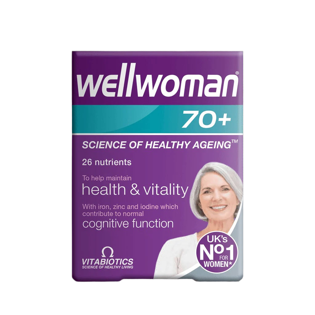 Packaging of Vitabiotics Wellwoman 70+ which shows the product name, logo, and an image of a smiling woman. The box mentions 26 nutrients, immune support, cognitive function support, heart & circulation support, vision support, and energy levels.